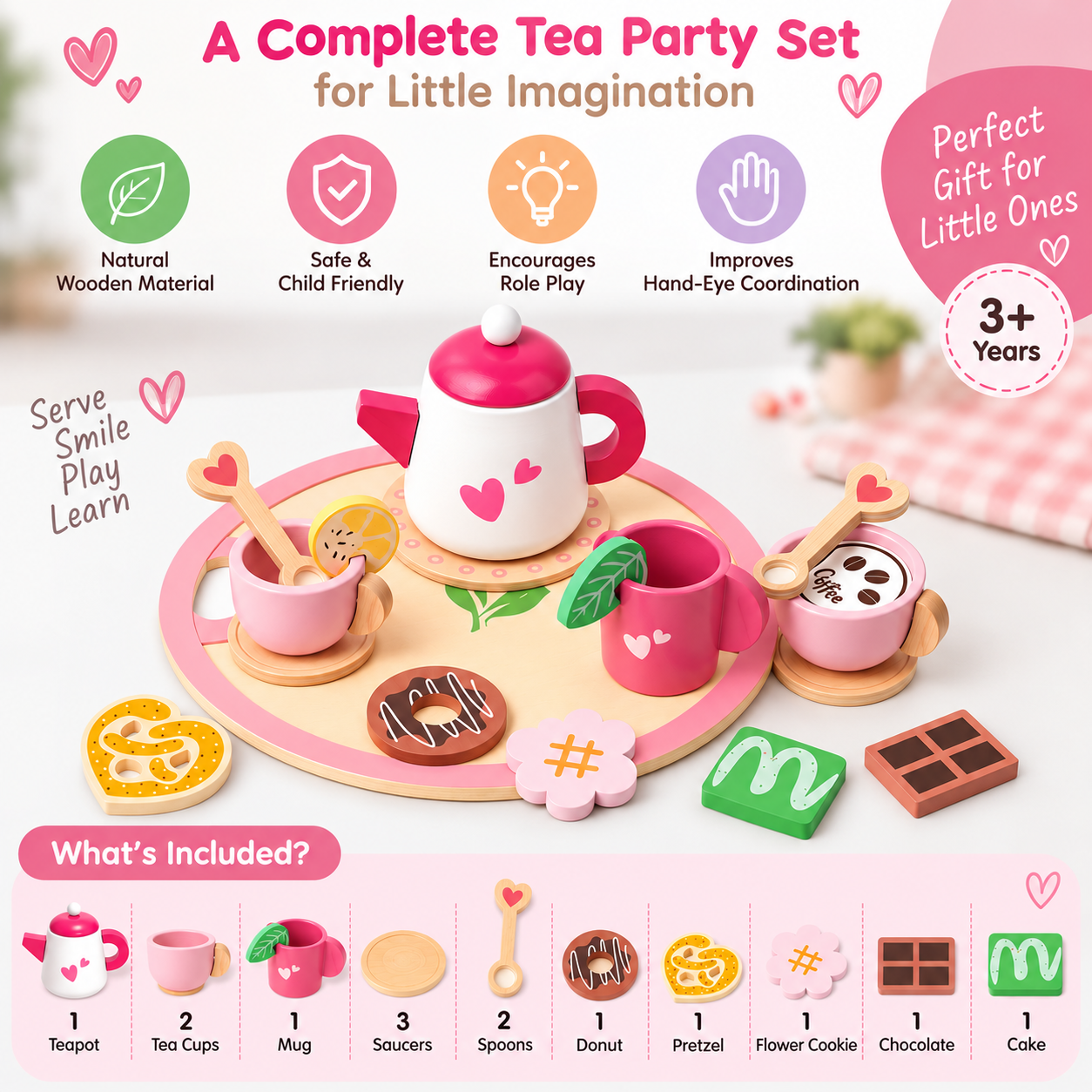 Little girl smiling while playing with wooden tea party toy set – Little Tea Moments Big Smiles