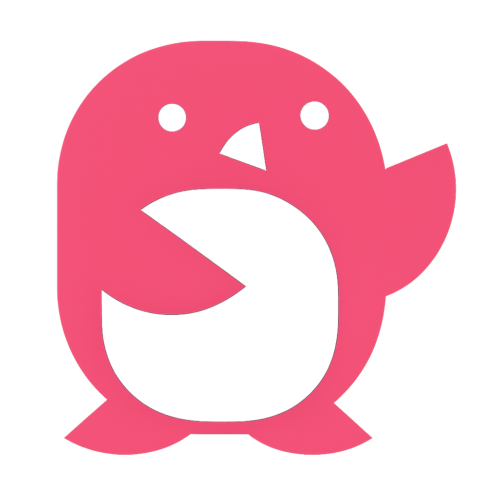 A pink stylized penguin or bird icon with a white center and small white eye details, centered on a plain white background.
