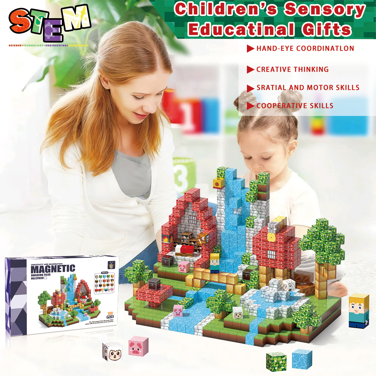 Minecraft 3D Magnetic Building Blocks – Waterfall Theme | 100 Pieces | 2cm Cubes