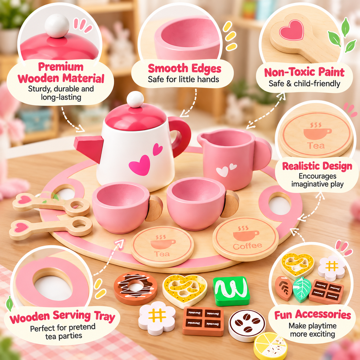 Danish Noble Wooden Afternoon Tea Party Toy Set – Pretend Play for Kids 3+