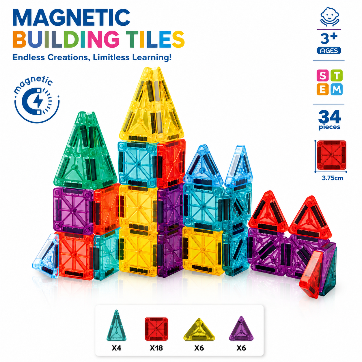 Mini Magnetic Tiles for Kids – 34 Pcs STEM Building Set (Ages 3+)