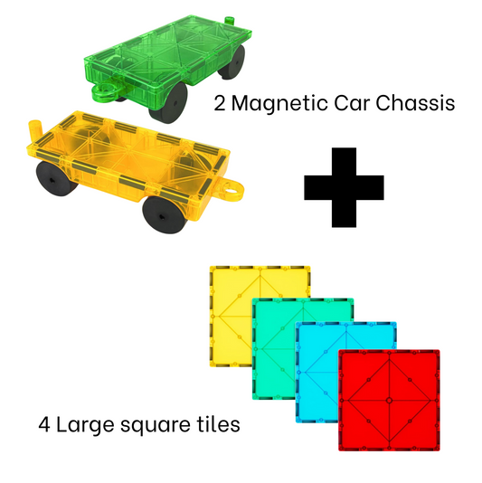 Magnetic Tiles 4 Large Squares + 2 Car Chassis — Expansion Set for Kids (Ages 3-7)