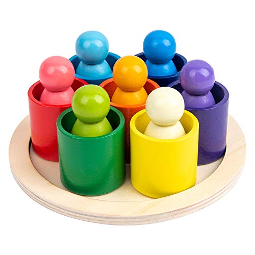 Wooden Peg Dolls in Bowl — 7 Rainbow Colours | Montessori Toy