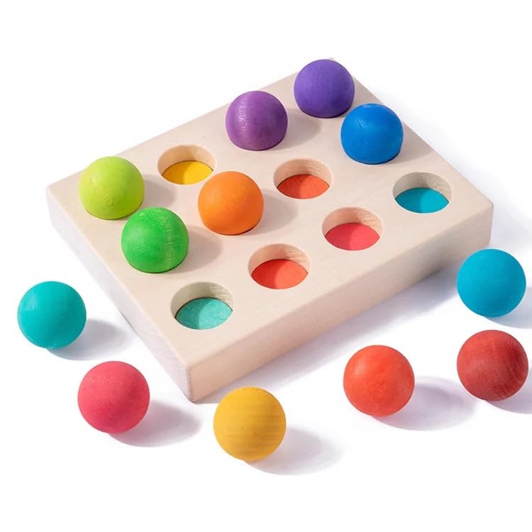 Wooden Rainbow Colour Sorting Balls 12 Pcs — Montessori Toddler Toy