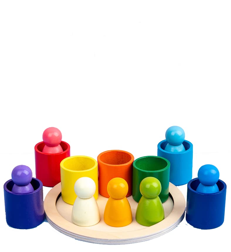 Wooden Peg Dolls in Bowl — 7 Rainbow Colours | Montessori Toy