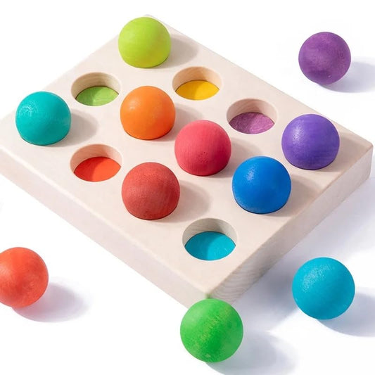 Wooden Rainbow Colour Sorting Balls 12 Pcs — Montessori Toddler Toy