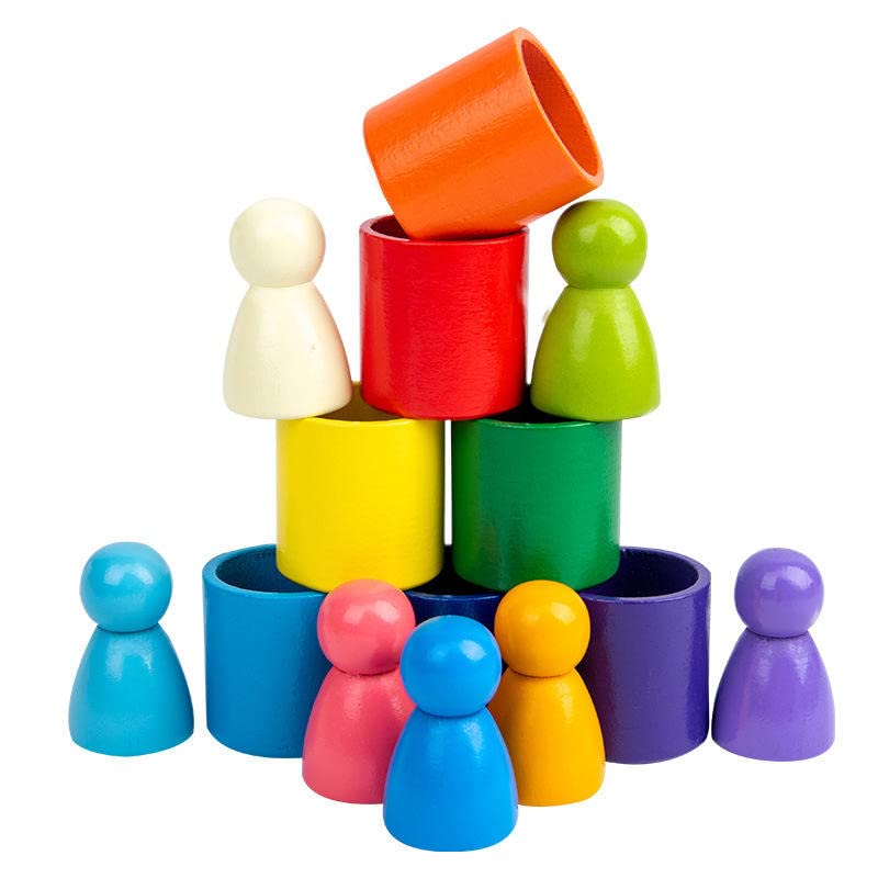 Wooden Peg Dolls in Bowl — 7 Rainbow Colours | Montessori Toy