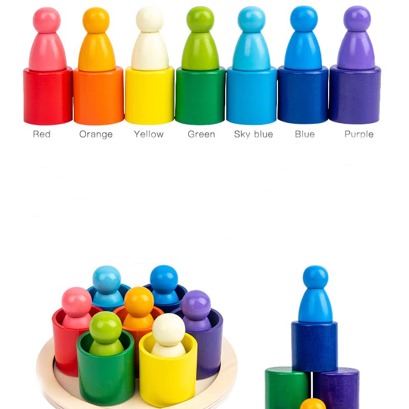 Wooden Peg Dolls in Bowl — 7 Rainbow Colours | Montessori Toy
