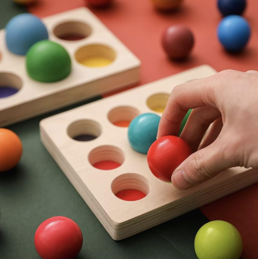 Wooden Rainbow Colour Sorting Balls 12 Pcs — Montessori Toddler Toy
