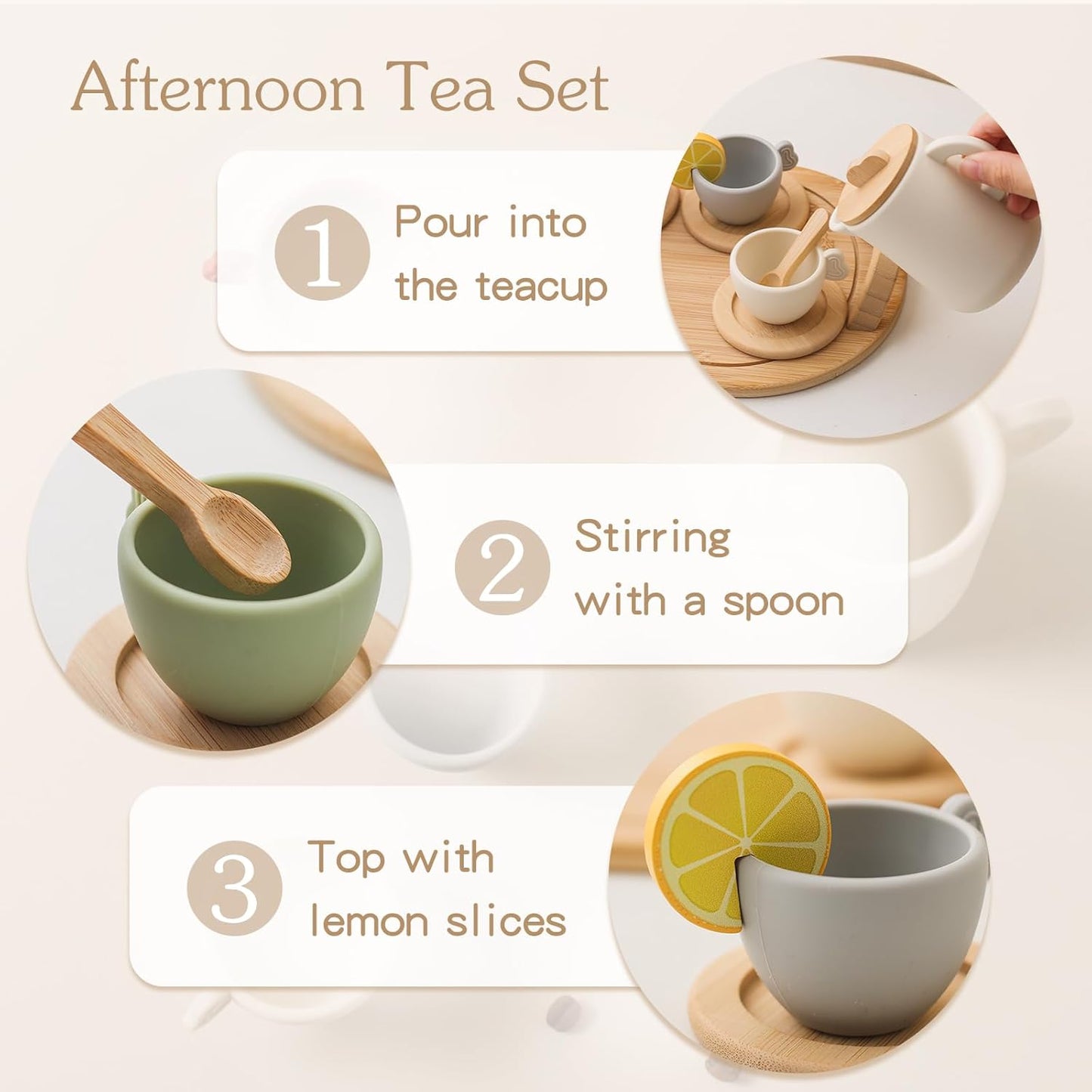 Wooden & Silicone Tea Party Set — 14 Pcs Pretend Play for Kids