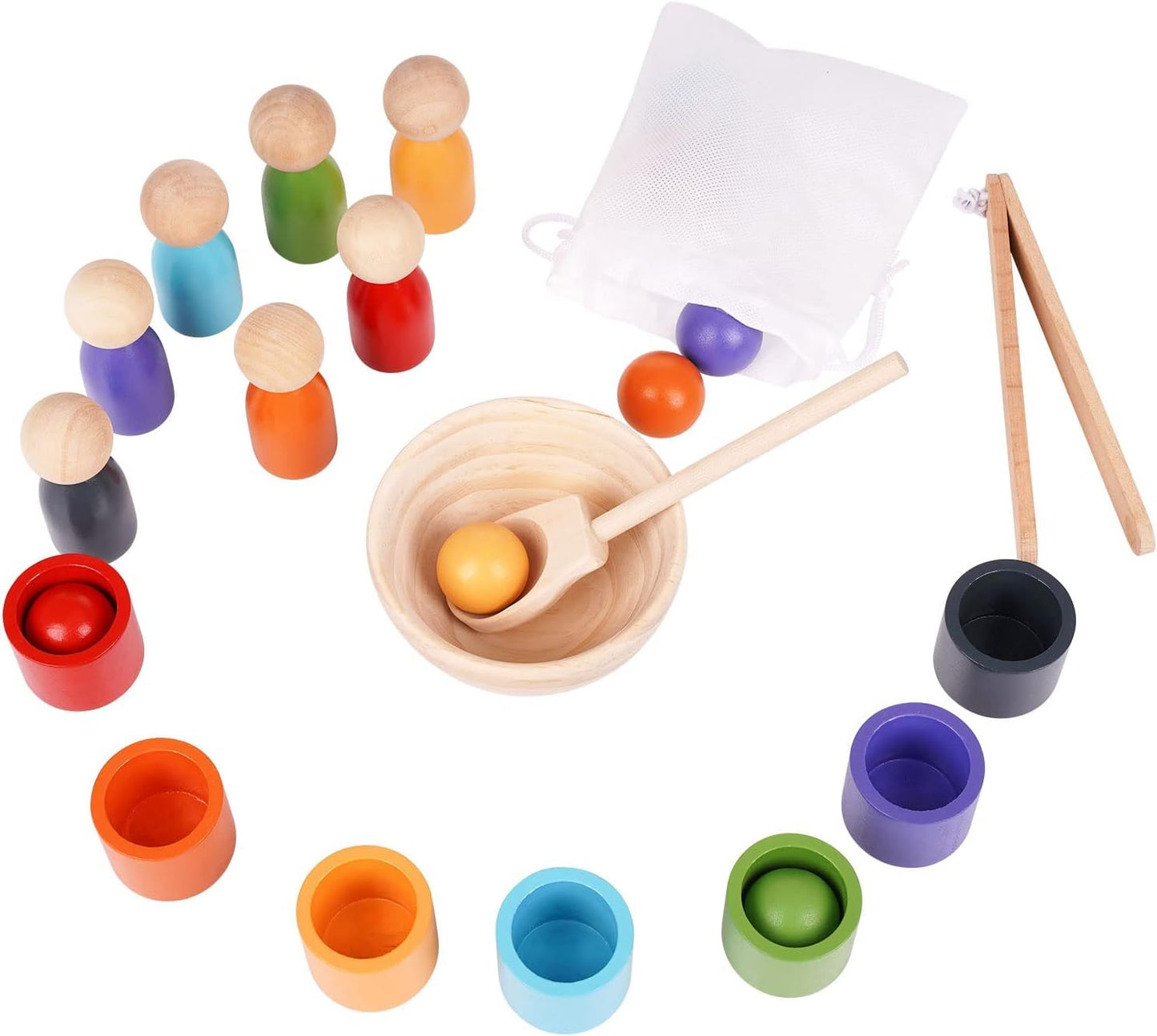 Wooden Colour Sorting Toy — Montessori Balls, Cups & Peg Dolls