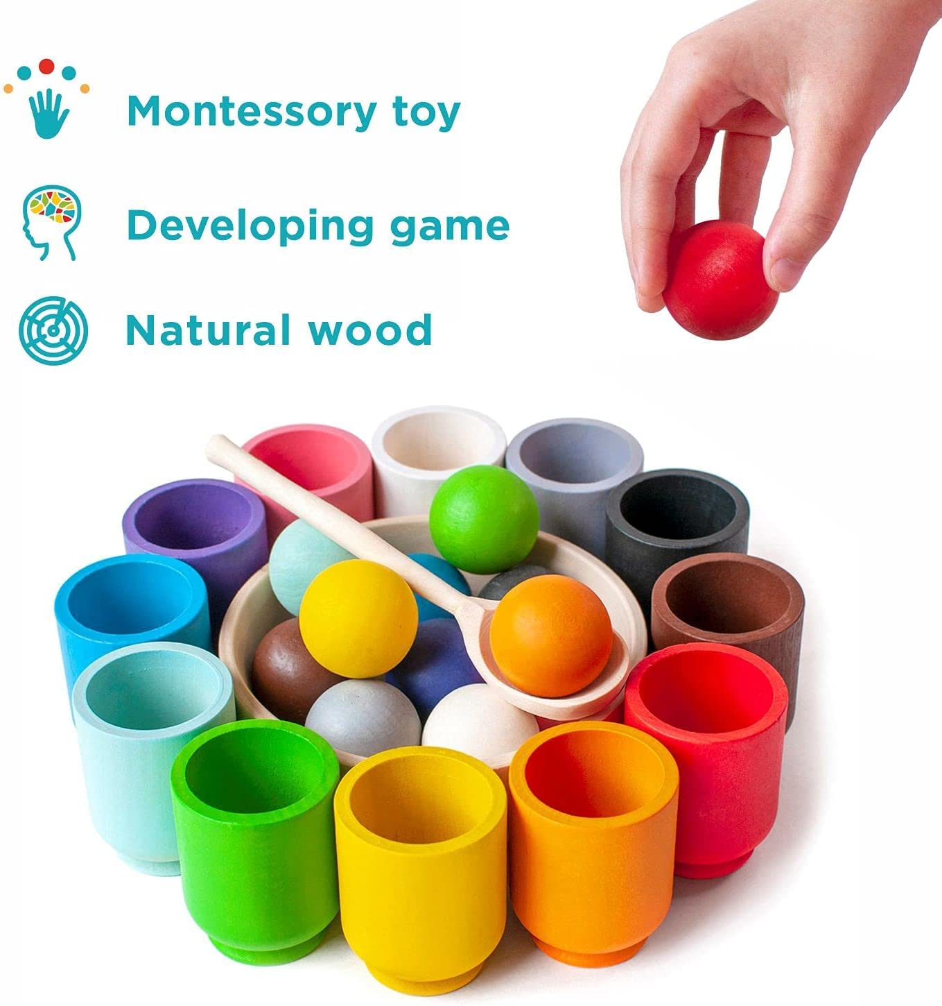 Wooden Colour Sorting Toy — 12 Balls & 12 Cups | Montessori Toddler Toy