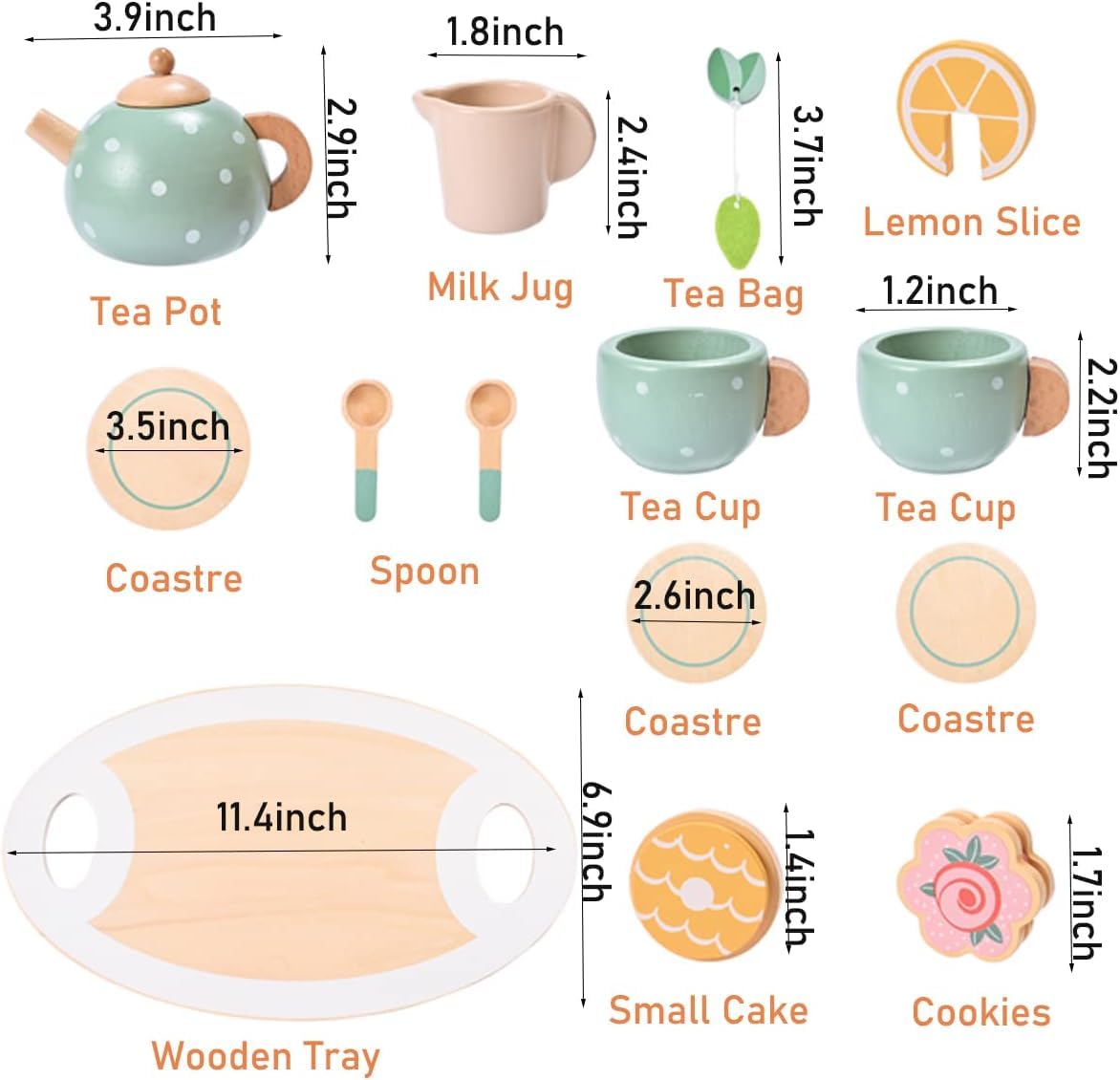 Wooden Afternoon Tea Party Set 15 Pcs — Pretend Play for Kids (Ages 3-7)