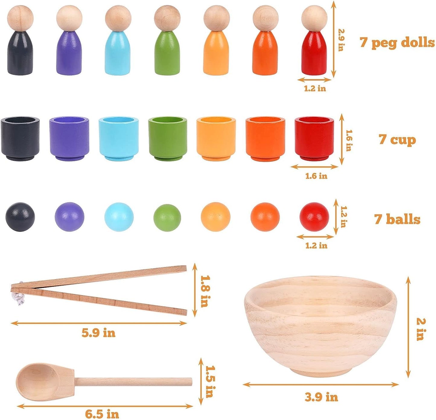 Wooden Colour Sorting Toy — Montessori Balls, Cups & Peg Dolls