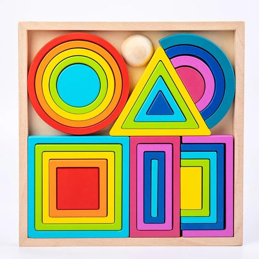 Wooden Rainbow Stacking Toy 27 Pcs — Montessori Shape Sorter for Kids