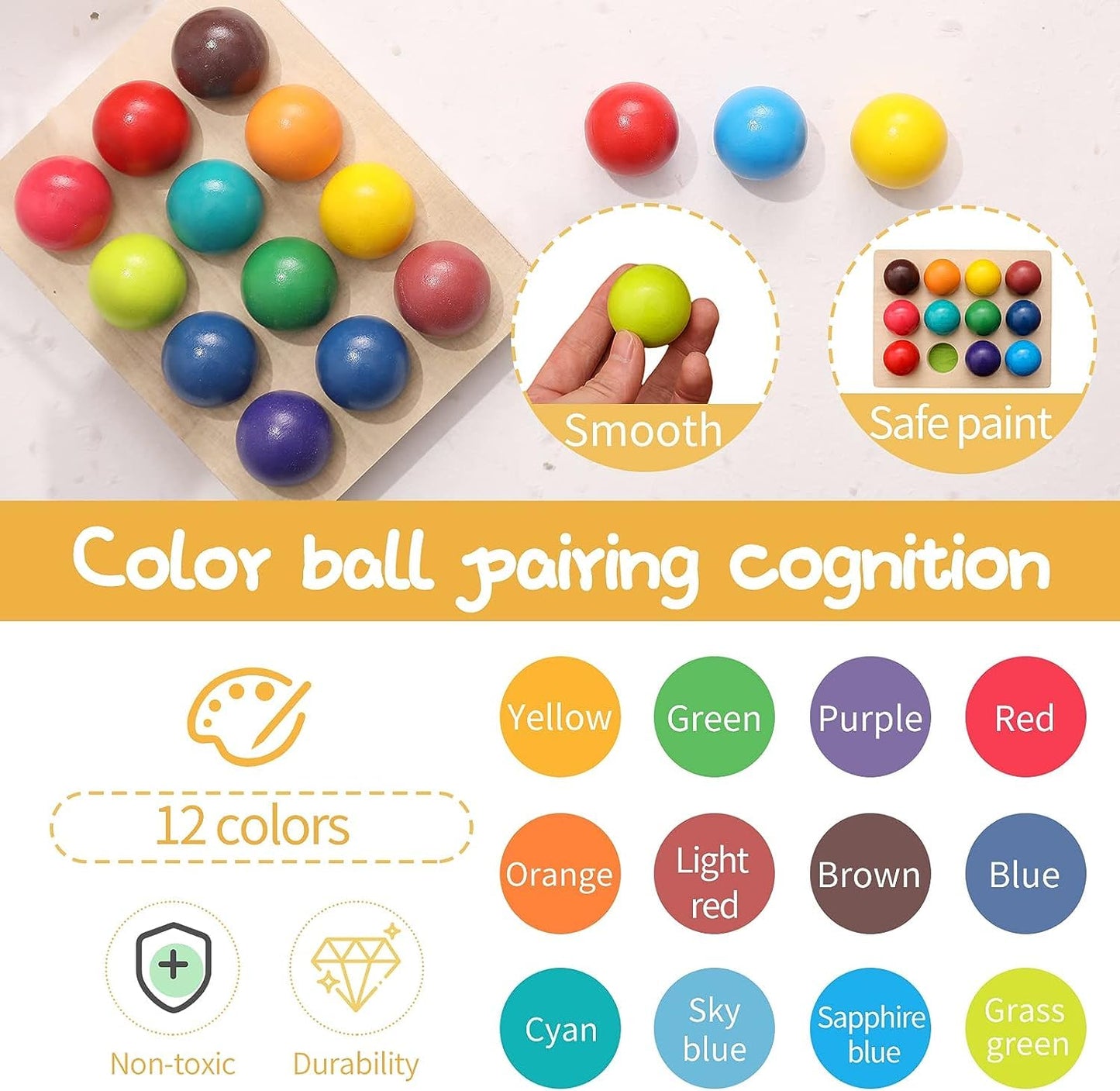 Wooden Rainbow Colour Sorting Balls 12 Pcs — Montessori Toddler Toy