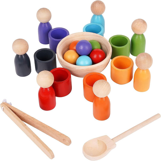 Wooden Colour Sorting Toy — Montessori Balls, Cups & Peg Dolls