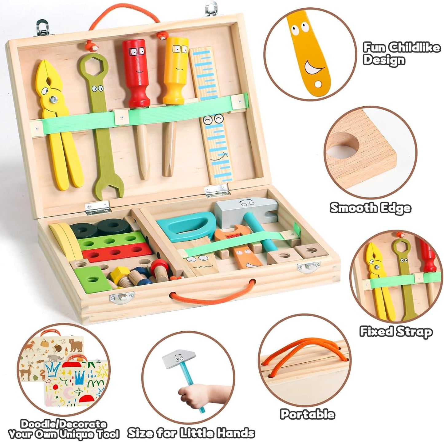 Wooden Tool Kit for Kids | 34 Pcs | Montessori STEM (Ages 3-7)