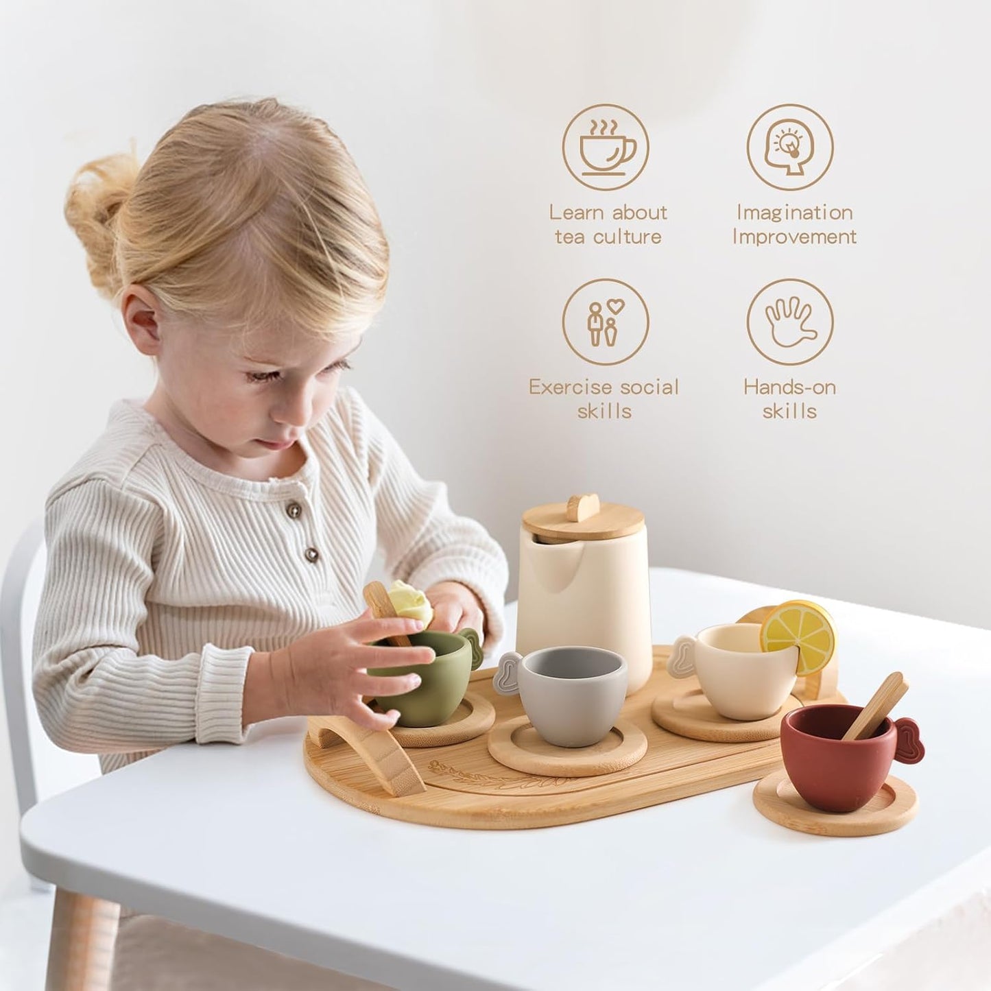 Wooden & Silicone Tea Party Set — 14 Pcs Pretend Play for Kids