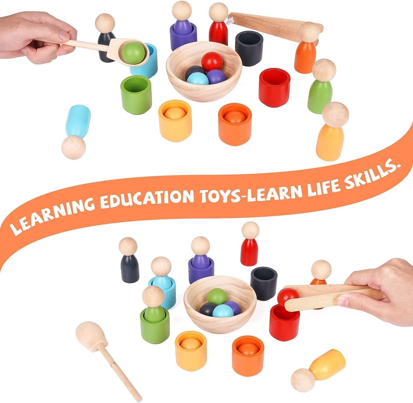 Wooden Colour Sorting Toy — Montessori Balls, Cups & Peg Dolls