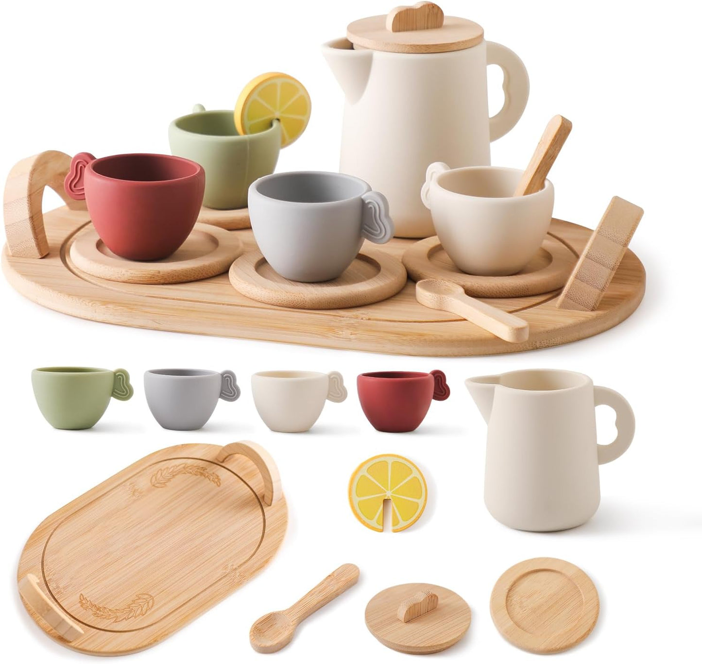 Wooden & Silicone Tea Party Set — 14 Pcs Pretend Play for Kids