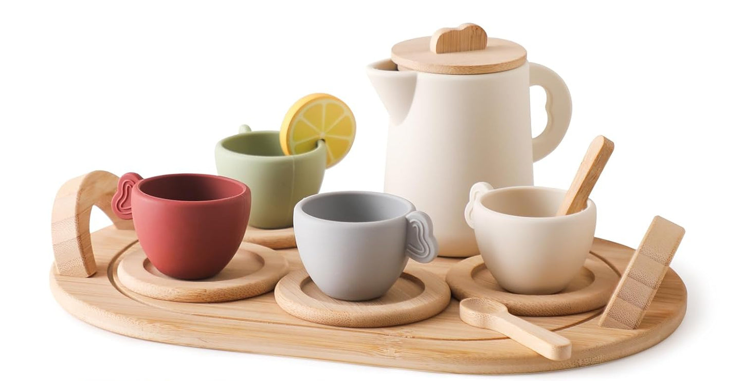Wooden & Silicone Tea Party Set — 14 Pcs Pretend Play for Kids