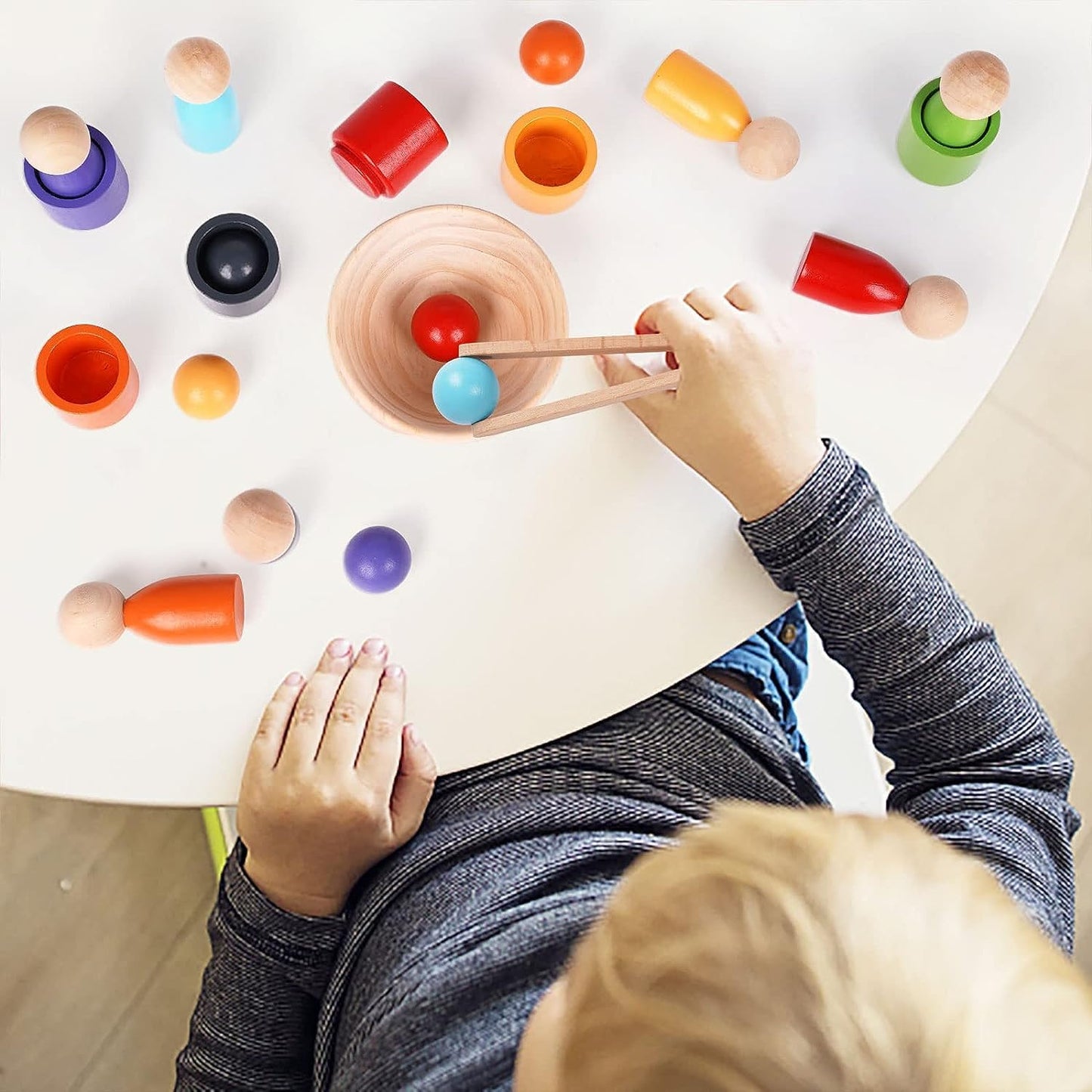 Wooden Colour Sorting Toy — Montessori Balls, Cups & Peg Dolls