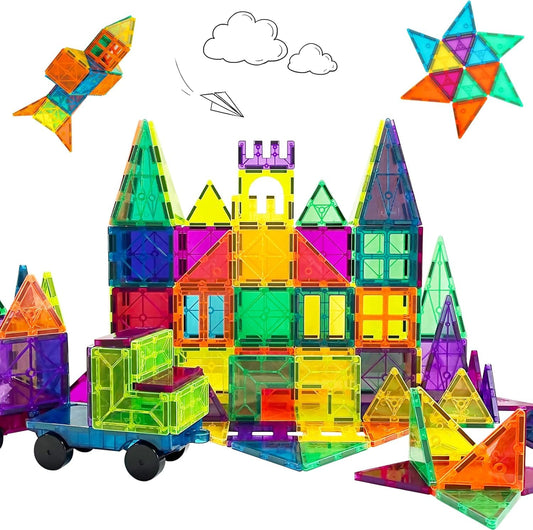 Magnetic Tiles 200 Pcs with 4 Car Chassis — STEM Building Set for Kids Ages 3–7