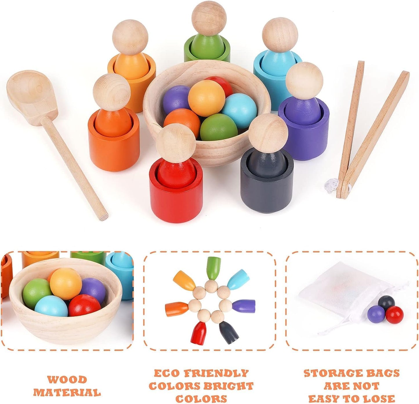 Wooden Colour Sorting Toy — Montessori Balls, Cups & Peg Dolls