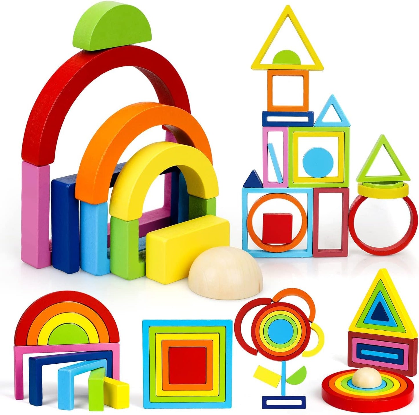 Wooden Rainbow Stacking Toy 27 Pcs — Montessori Shape Sorter for Kids