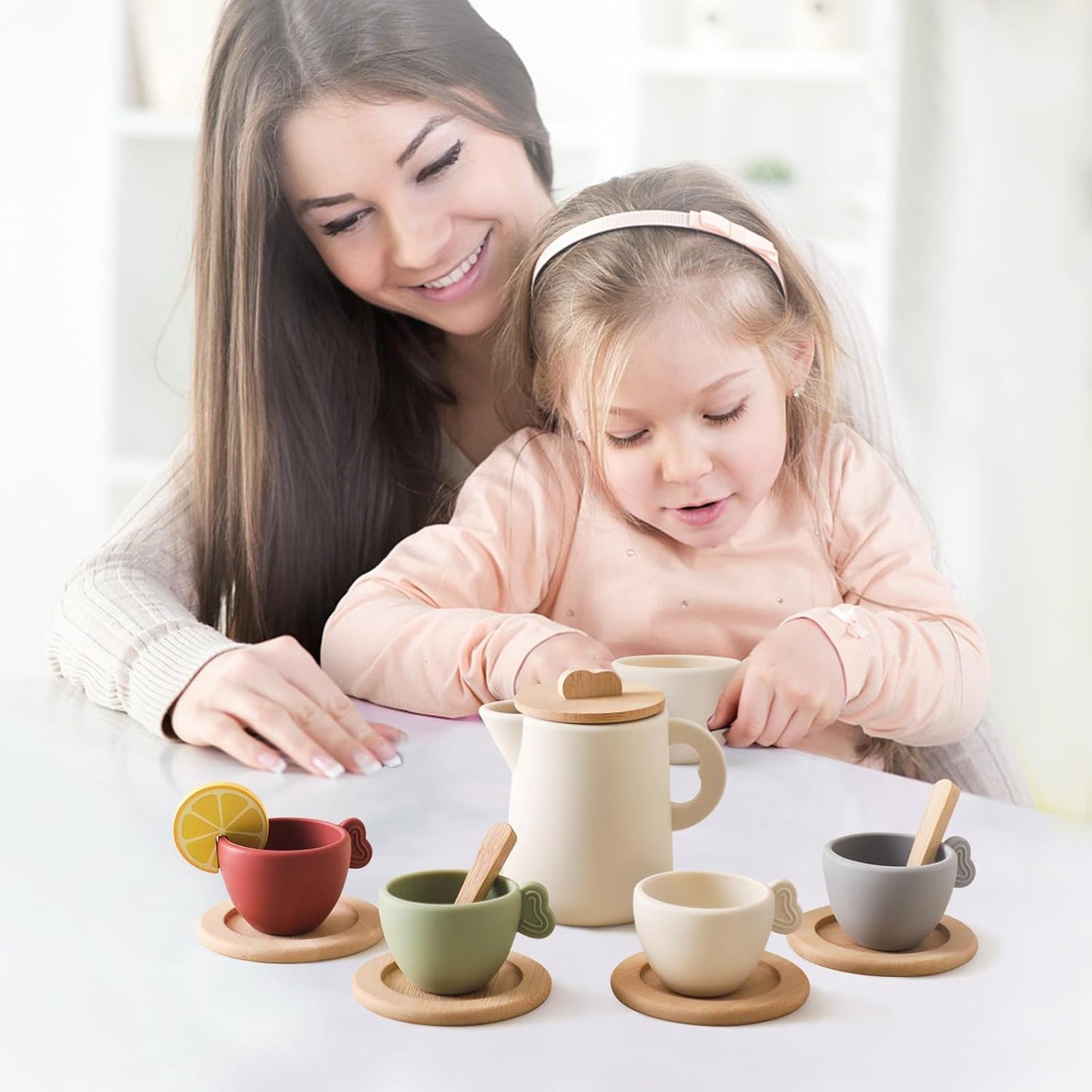 Wooden & Silicone Tea Party Set — 14 Pcs Pretend Play for Kids