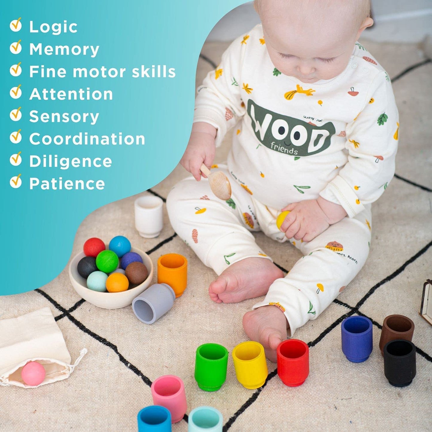 Wooden Colour Sorting Toy — 12 Balls & 12 Cups | Montessori Toddler Toy