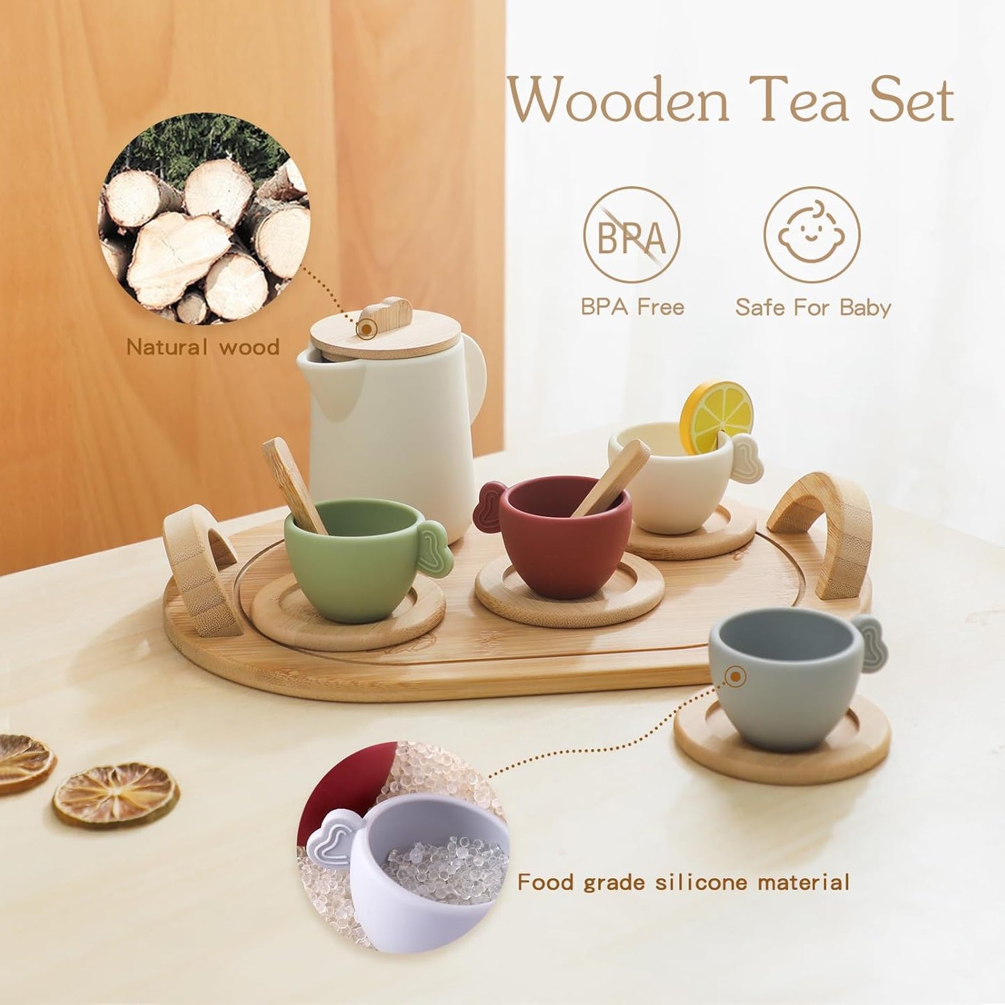 Wooden & Silicone Tea Party Set — 14 Pcs Pretend Play for Kids