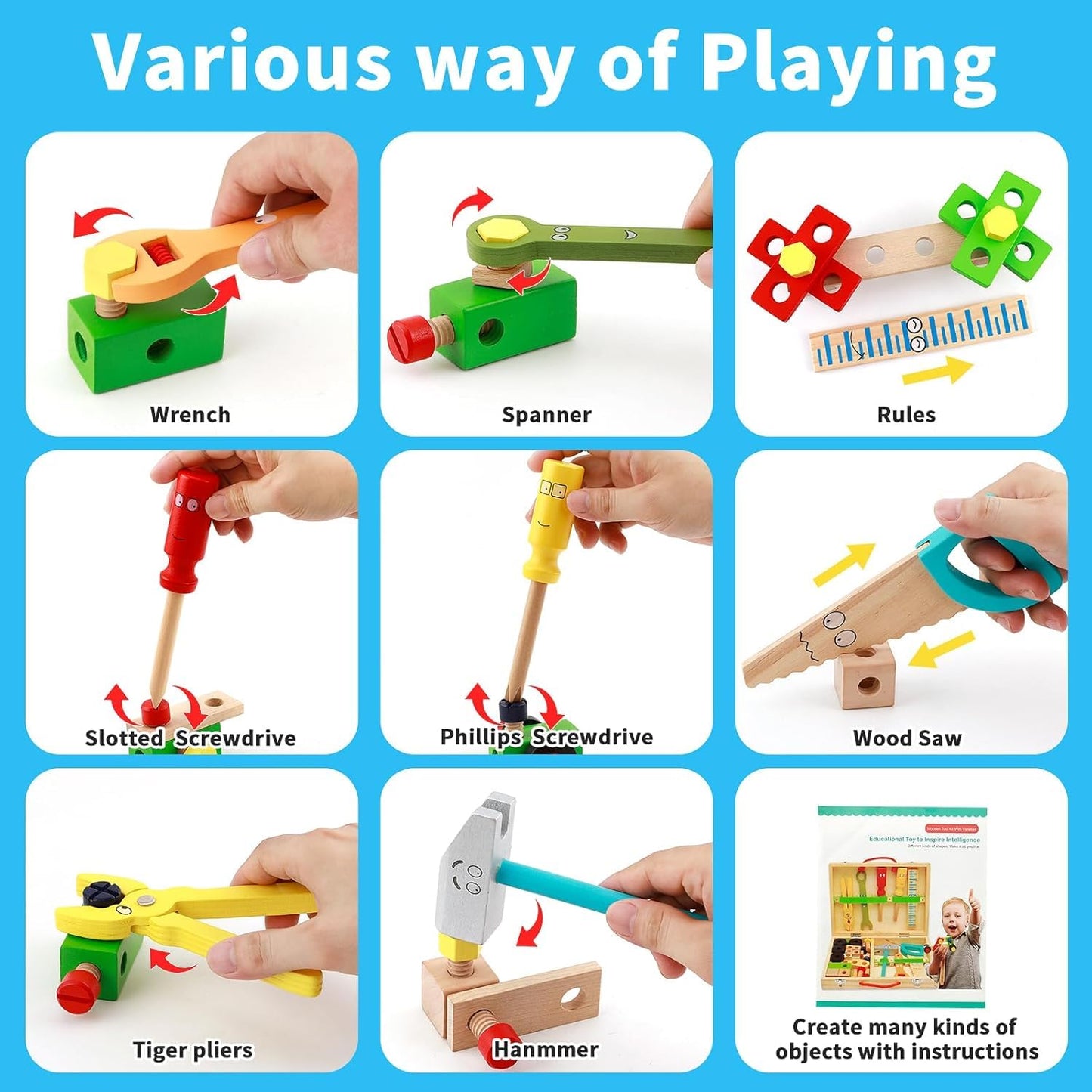 Wooden Tool Kit for Kids | 34 Pcs | Montessori STEM (Ages 3-7)