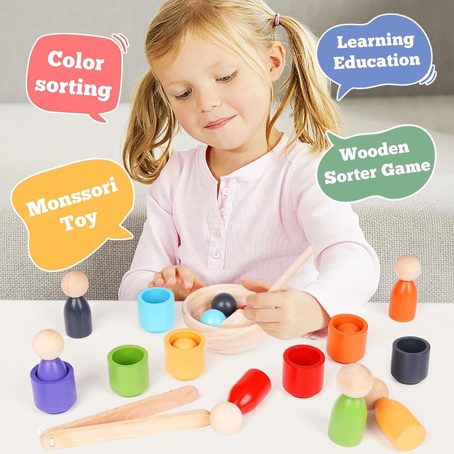 Wooden Colour Sorting Toy — Montessori Balls, Cups & Peg Dolls