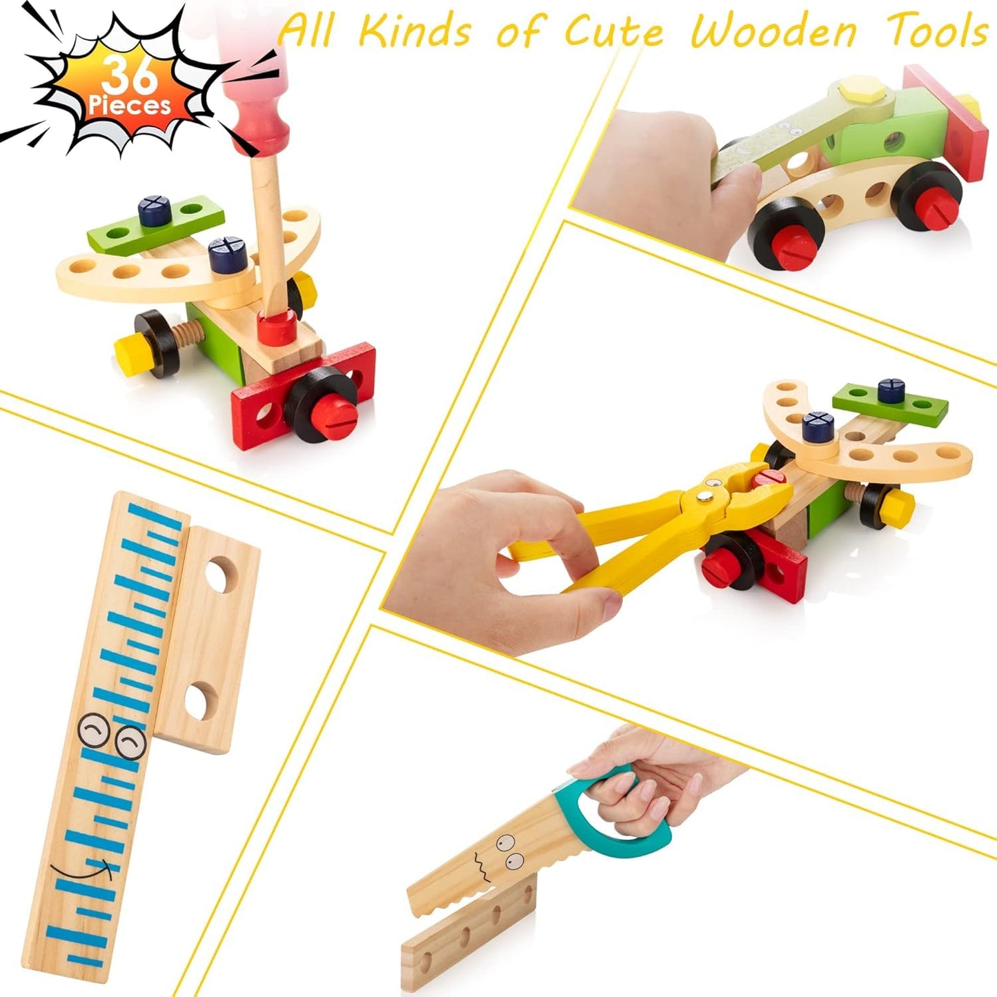 Wooden Tool Kit for Kids | 34 Pcs | Montessori STEM (Ages 3-7)