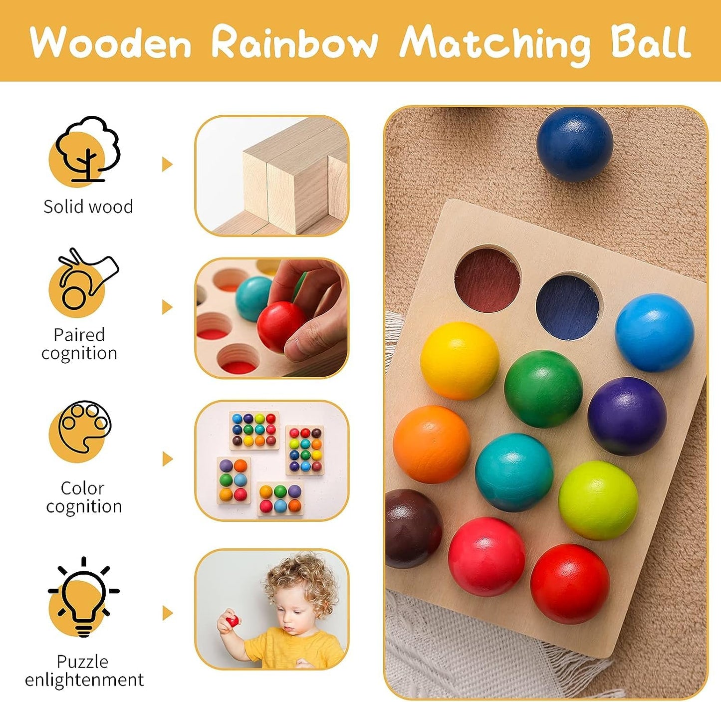 Wooden Rainbow Colour Sorting Balls 12 Pcs — Montessori Toddler Toy