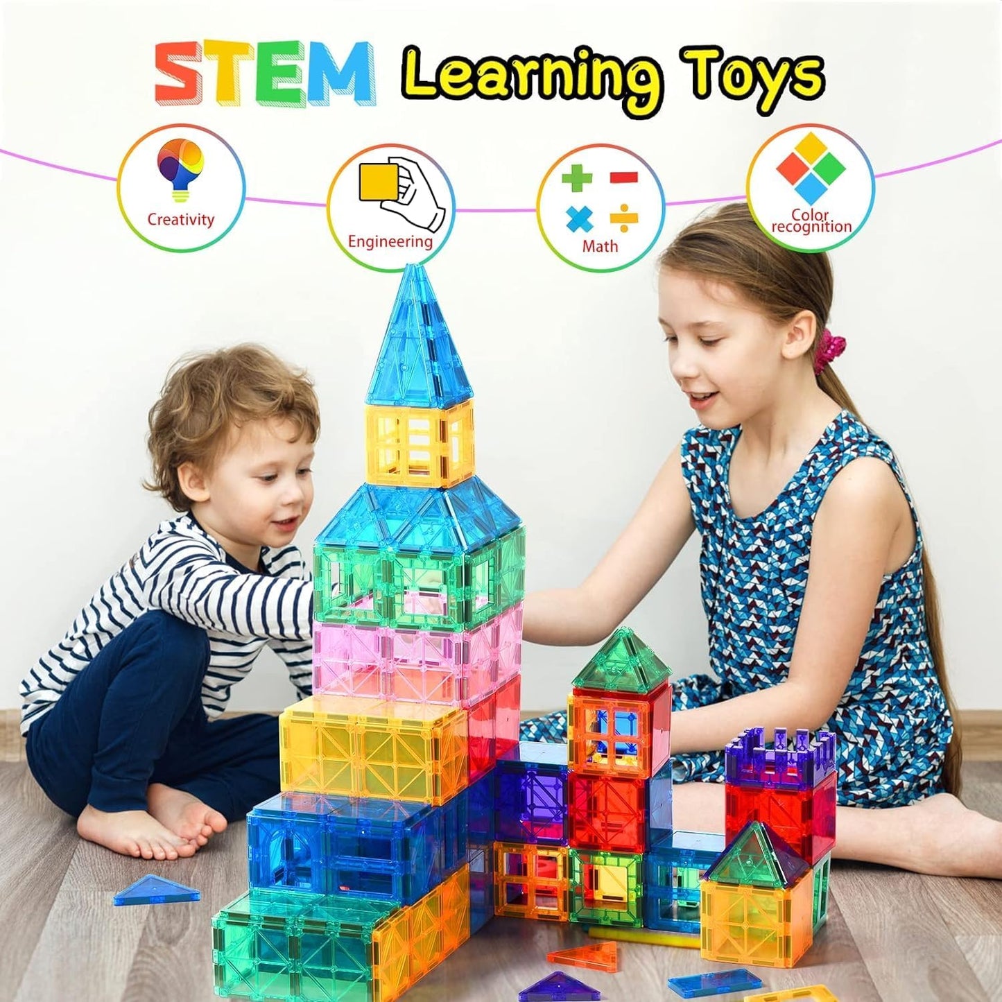 Magnetic Tiles 80 Pcs with 1 Car Chassis — STEM Building Set for Kids