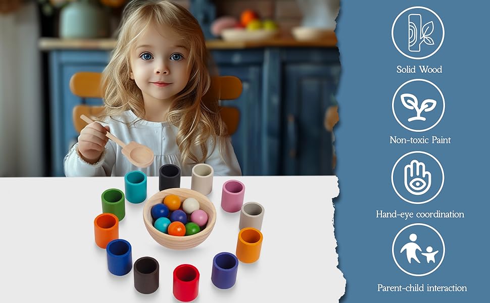 Wooden Colour Sorting Toy — 12 Balls & 12 Cups | Montessori Toddler Toy