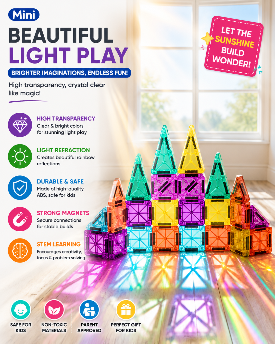 Mini Magnetic Tiles for Kids – 34 Pcs STEM Building Set (Ages 3+)