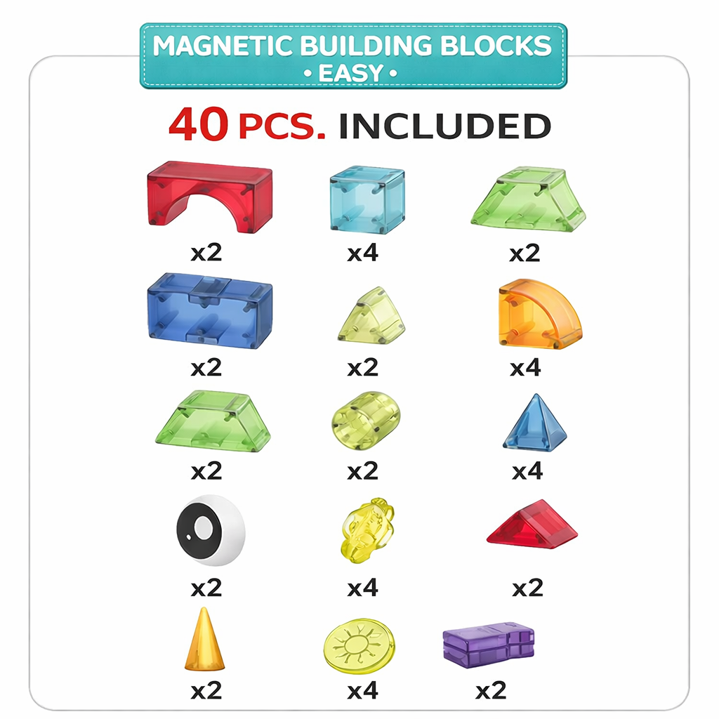MAGIC Magnetic Building Blocks | 40 Pcs | STEM | Easy edition (Ages 3-7)