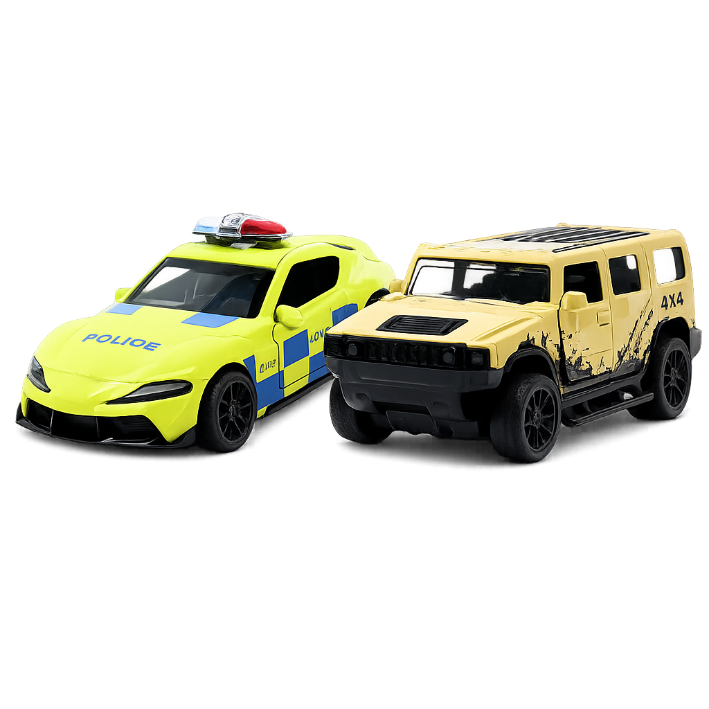 Die-cast sandy beige Hummer 4x4 and neon yellow police sports car pull-back toy combo