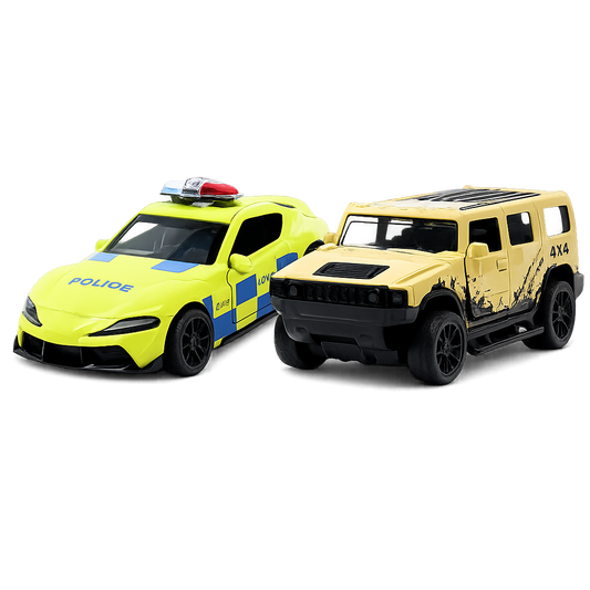 Die-cast sandy beige Hummer 4x4 and neon yellow police sports car pull-back toy combo