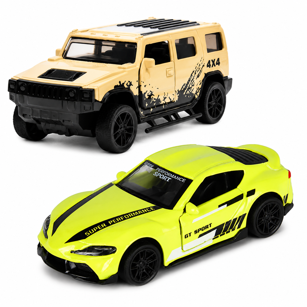 Die-cast sandy beige Hummer 4x4 and neon yellow GT Sport racer pull-back toy car combo