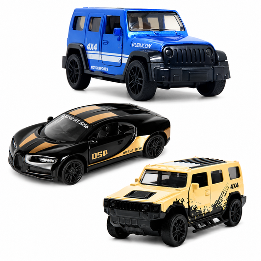 Die-Cast 3-Car Combo | Hummer, Jeep & Bugatti Pull Back (Ages 3-7)