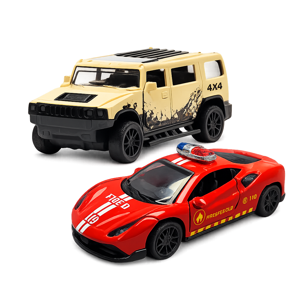 Die-Cast Hummer & Ferrari Fire Dept Car Combo | Pull Back Toys (Ages 3-7)