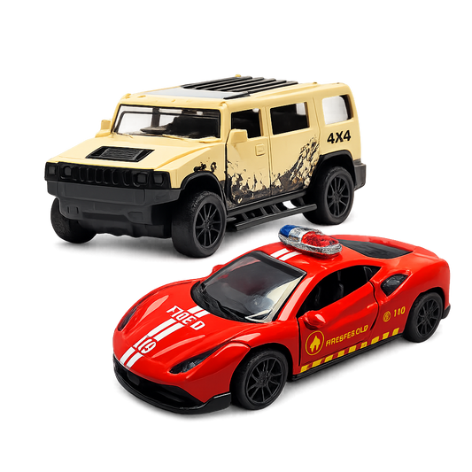 Die-Cast Hummer & Ferrari Fire Dept Car Combo | Pull Back Toys (Ages 3-7)