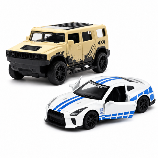 Die-Cast Hummer & Nissan  GT-R Racer Combo | Pull Back Toy Cars (Ages 3-7)