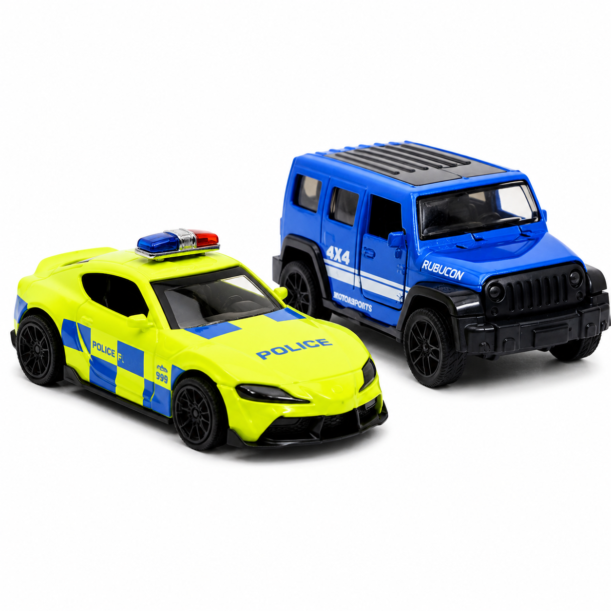 Die-cast blue Jeep Wrangler Rubicon and neon UK police GR Supra pull-back toy car combo for kids