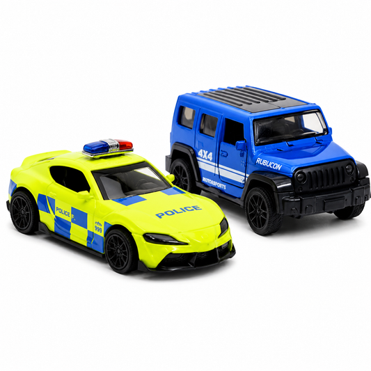 Die-cast blue Jeep Wrangler Rubicon and neon UK police GR Supra pull-back toy car combo for kids